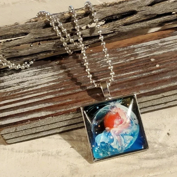 Man in the Moon Nebula Square Glass Cabochon Pendant Necklace - Picture 4 of 4